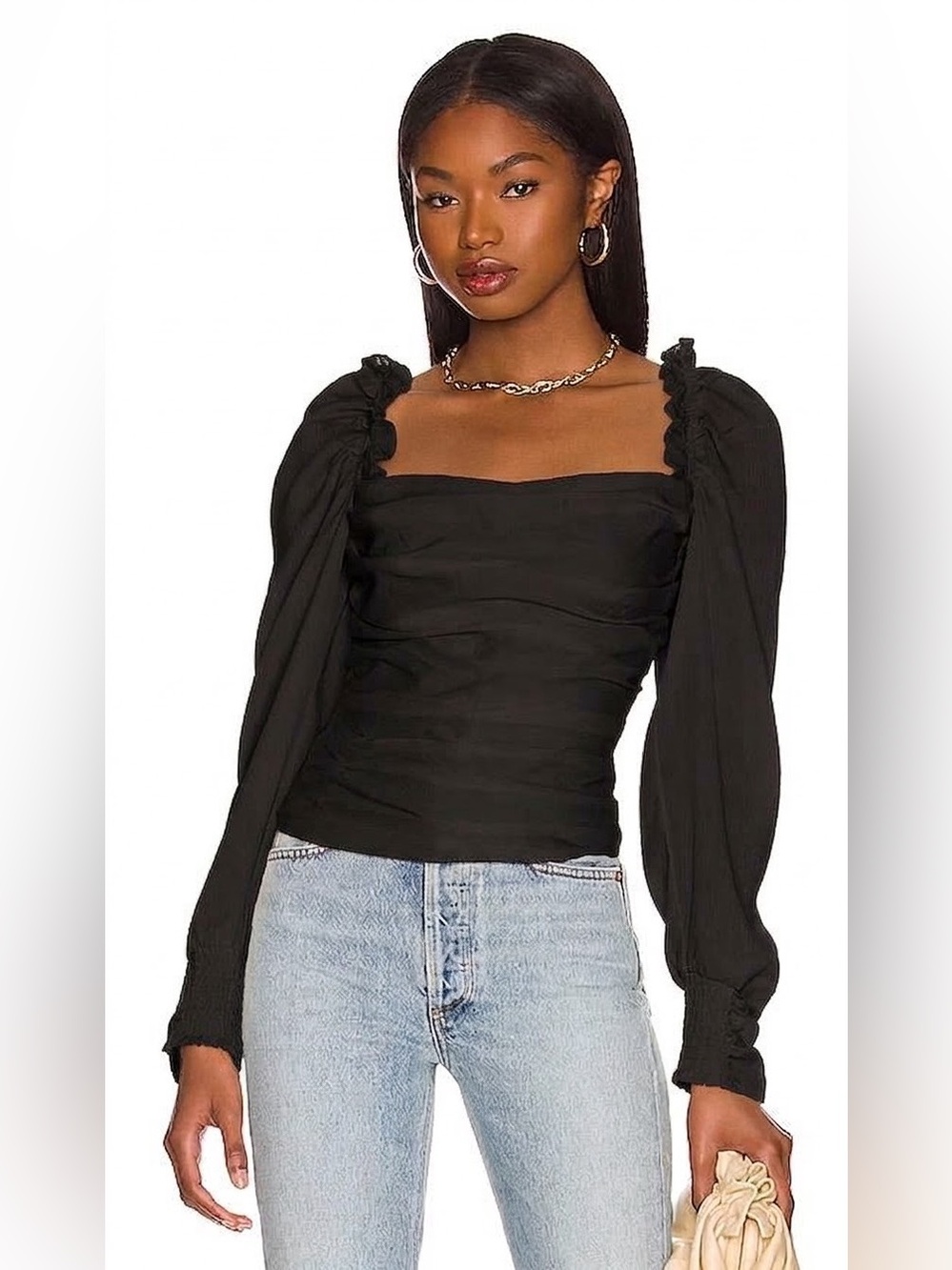 Revolve Astr Black Long-Sleeve Square Neck Ruched Top XS